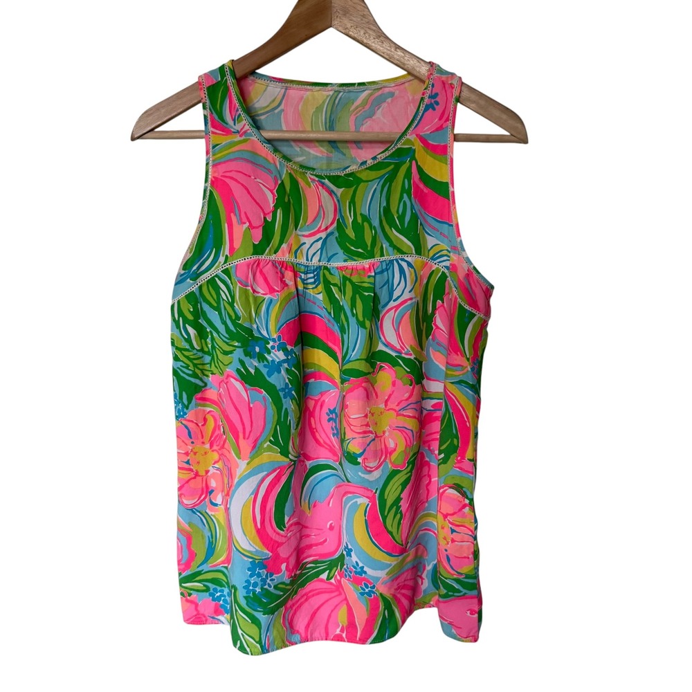 Lilly Pulitzer Tank Top‎ Womens XS Pink Green Floral Elephant Print Excellent